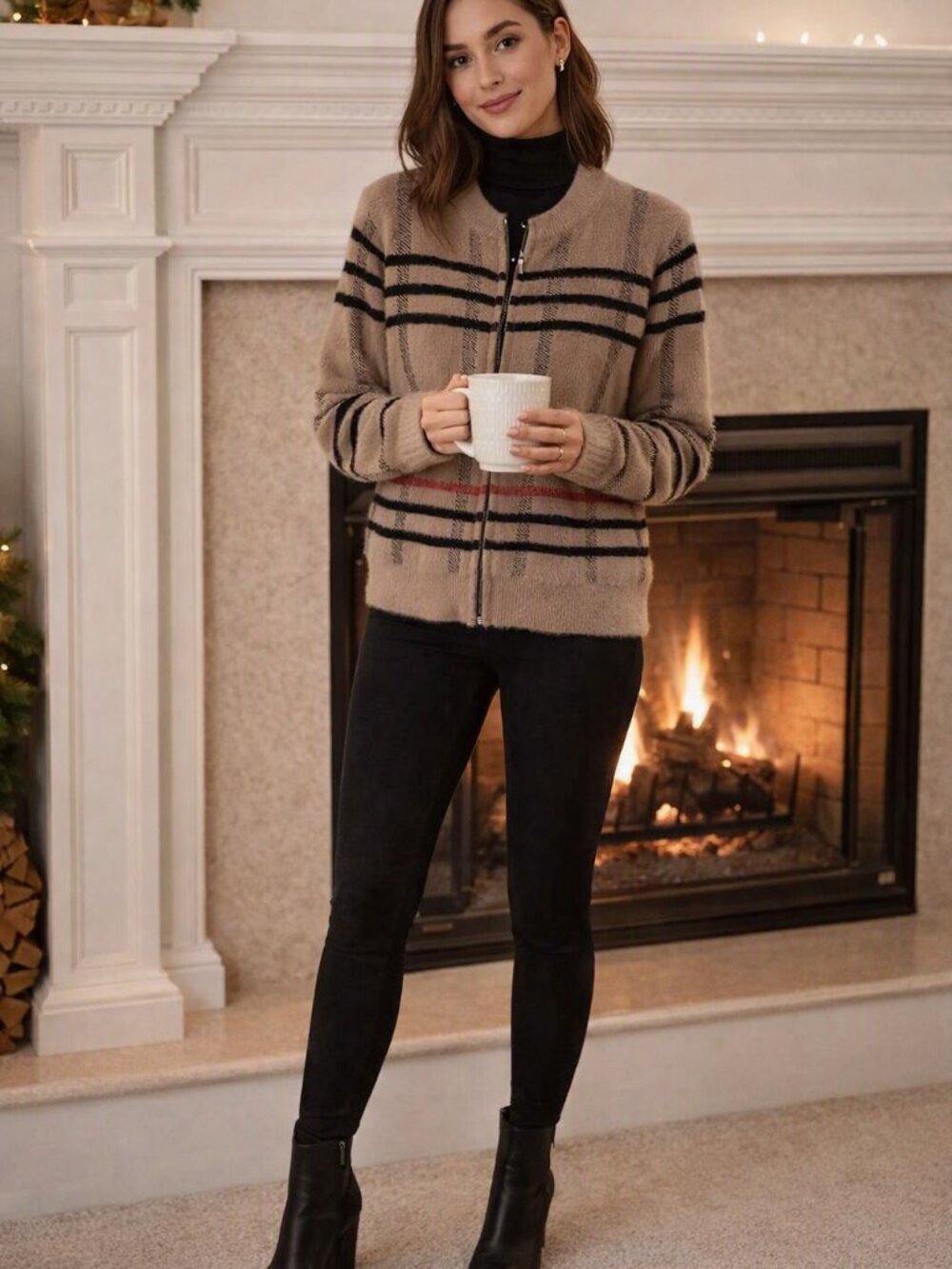 Zip-Front Taupe Plaid Cardigan with Accent Stripe - Women's